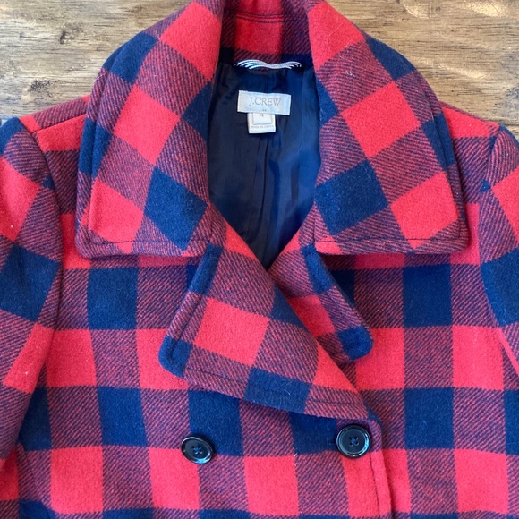 J. Crew sz 4 Wool Blend Red & Navy Buffalo Check Plaid Peacoat Winter Holiday - Picture 3 of 11